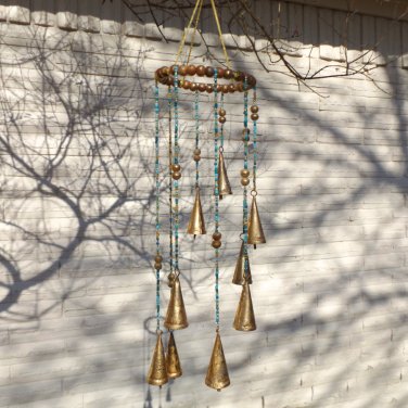 Chime with Bells Beaded Gold Turquoise Glass and Wood Unique Gift