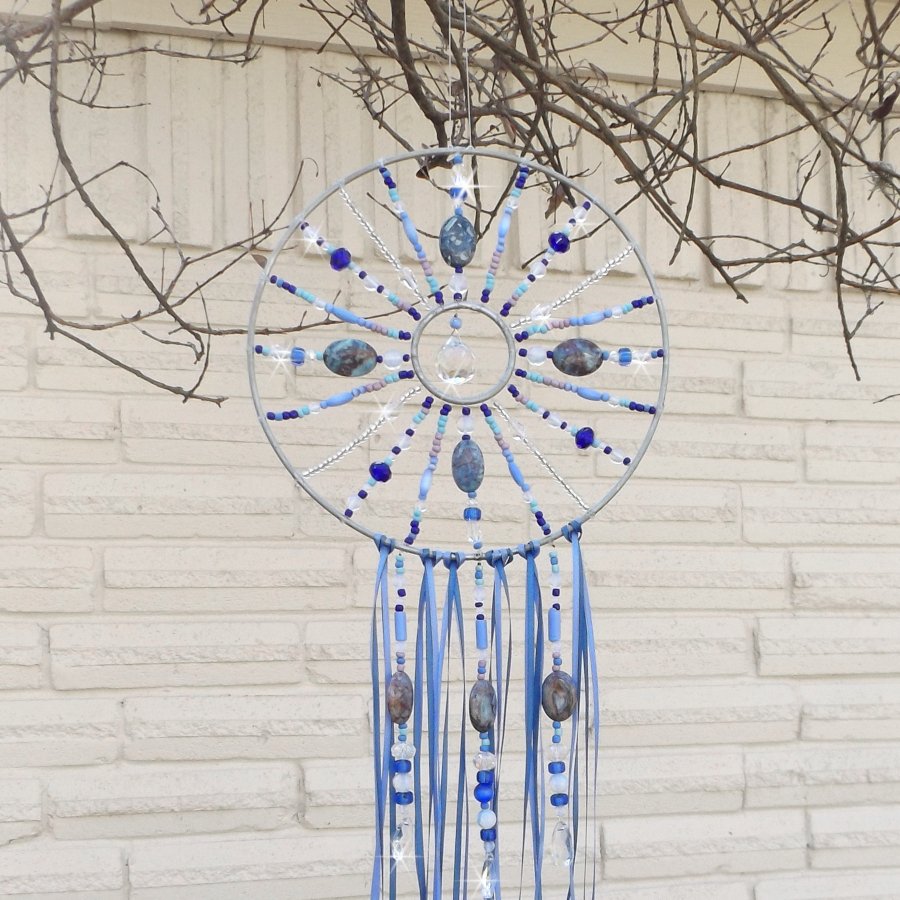 Beaded Blue Mandala Suncatcher with Gemstone and Glass Unique Gift
