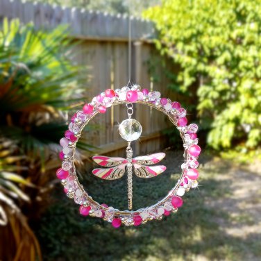 4.5 inch Dragonfly Suncatcher Beaded Wire Wrapped Round Pink