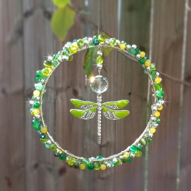 6 inch Dragonfly Suncatcher Beaded Wire Wrapped Round Green Yellow