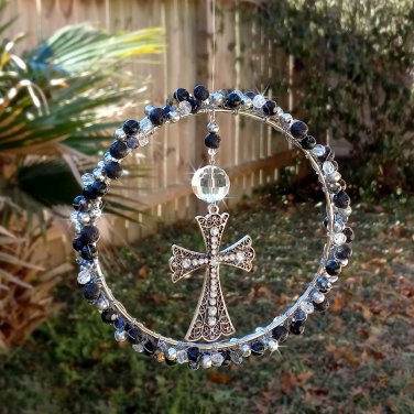 6 inch Cross Suncatcher Beaded Wire Wrapped Round Black Silver