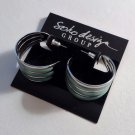 Green Silver Wide Graduated Striped Band Pierced Post Hoop Earrings Vintage New