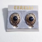 Blue Stone Applause Disc Pierced Post Earrings Vintage Silver Decorative Wide Rimmed Edge Discs