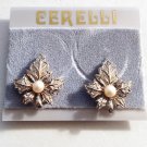Pearl Maple Leaf Bergere Signed Clip On Earrings Vintage New Gold Scalloped Edge White Bead Discs