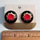 Red Back Disc Signed Pakula Pierced Post Earrings Vintage New Gold Tone Round Ribbed Edge