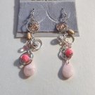 Pink Bead Long Dangle Wire Pierced Earrings Vintage Silver Tone Thin Rings Filigree Accents