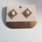 Pearl Crystal Diamond Pierced Post Earrings Vintage New Gold Tone Faceted Stones Prong Set Buttons