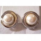 Richelieu Pearl Moon Clip On Earrings Silver Tone Vintage Padded Open Ring Round