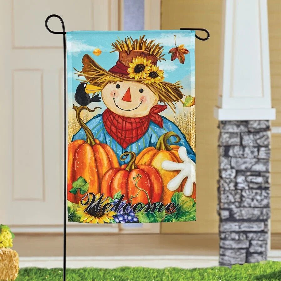 Fall Halloween Scarecrow w/ Pumpkin "WELCOME" Outdoor Lawn Flag