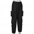 Women's Cargo Joggers Pants Multiple Pockets Baggy Loose Elastic Casual Trousers - BLACK