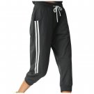 Women Capri Sweatpans Stretch Casual Joggers Pockets Stripes Cotton Crop Pants - BLACK