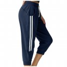 Women Capri Sweatpans Stretch Casual Joggers Pockets Stripes Cotton Crop Pants - NAVY BLUE