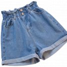 Summer Women Denim Shorts BLUE S-5XL Ruffled High Waisted Shorts Elastic Jeans