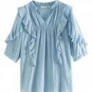 Sky Blue V-neck Short Sleeved Shirt Women's Summer Ruffle Tops For Women Casual Loose