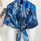 New Silk 12 Momme Silk Wrap Scarf Blue Feather Print Square Shawl 43" x 43" Elegant Women