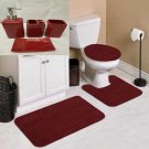 7pc Soft Bathroom Set Bath Mat Contour Rug Toilet Lid Cover and Ceramic Accessories Color Burgundy