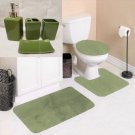 7pc Soft Bathroom Set Bath Mat Contour Rug Toilet Lid Cover and Ceramic Accessories Color Sage Green