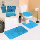 7pc Soft Bathroom Set Bath Mat Contour Rug Toilet Lid Cover and Ceramic Accessories Color Turquoise