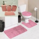 7pc Soft Bathroom Set Bath Mat Contour Rug Toilet Lid Cover and Ceramic Accessories Color Pink