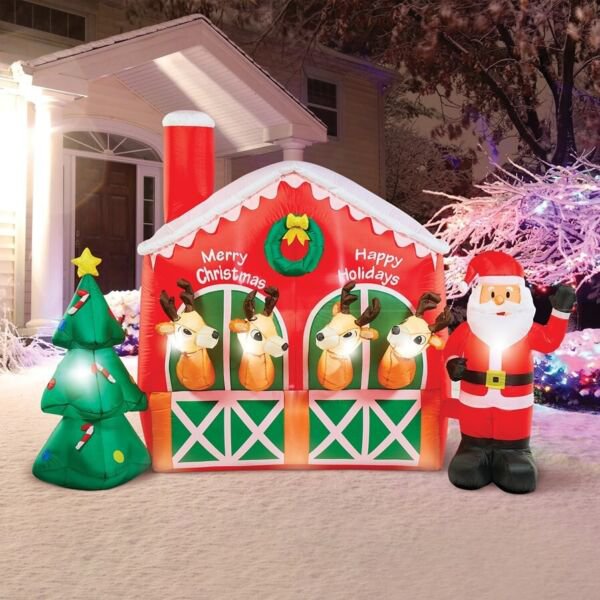 9Foot Reindeer Stable Santa Claus Outdoor Airblown Inflatable Christmas Decor Decoration