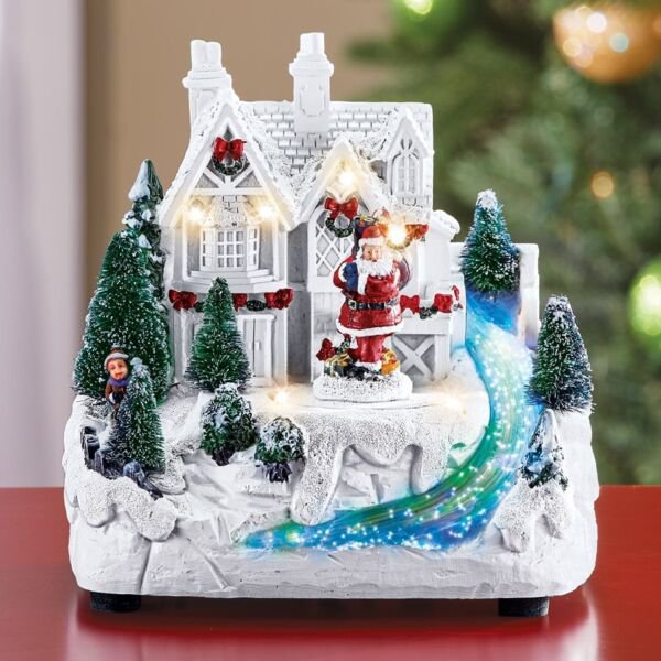 Musical Fiber Optic Victorian Home Santa Tabletop Statue Christmas