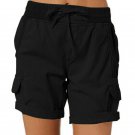 Women Shorts Summer Beach Cargo Pants Short Pants Elastic Waist Cotton Linen New - BLACK