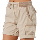 Women Shorts Summer Beach Cargo Pants Short Pants Elastic Waist Cotton Linen New - KHAKI