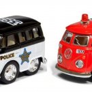 2PC Set Little Van Police/Fire Fighter Diecast Toy Car Pull Action 2"