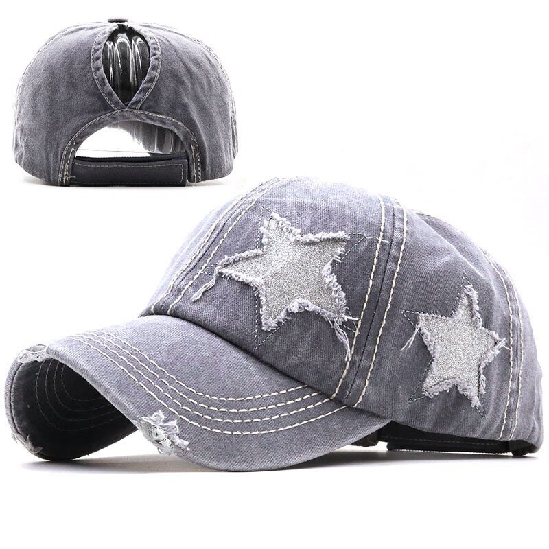Washed Denim Hole Star Baseball Cap Snapback Hats Autumn Summer Hat for Men Women Caps - GREY