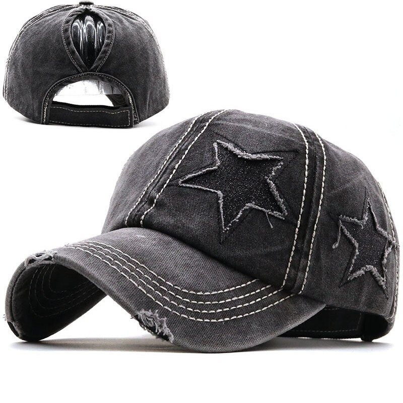 Washed Denim Hole Star Baseball Cap Snapback Hats Autumn Summer Hat for Men Women Caps - BLACK