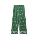 New Retro Contrast Wide Leg Pants Casual Print High Waist Pants Women Green