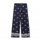 New Retro Contrast Wide Leg Pants Casual Print High Waist Pants Women Navy Blue