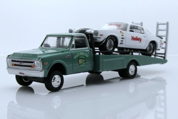 Chevy C30 Ramp Flatbed Tow Truck & Camaro Holley Speed 1:64 Scale Diecast Toys