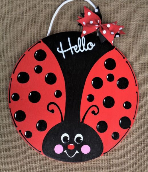 Hello Ladybug Circle Sign Wall Art Door Plaque Family Wood