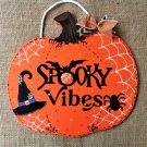 Halloween Pumpkin Spooky Vibes Sign Wall Door Hanger Plaque Witch Hat Spider Bat Decoration