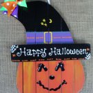Happy Halloween Pumpkin In Witch Hat Sign Wall Door Hanger Fall Seasonal Plaque Decoration