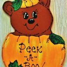 Peek-A-Boo Bear Halloween Pumpkin Sign Wall Art Hanger Door Plaque Decoration