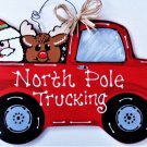 North Pole Trucking Red Truck Santa Reindeer Sign Wall Art Door Hanger Plaque Decoration