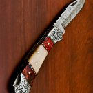 Damascus Steel Folding Pocket Personalized Knife STEEL BOLSTER ANGVE & PUKKA WOOD