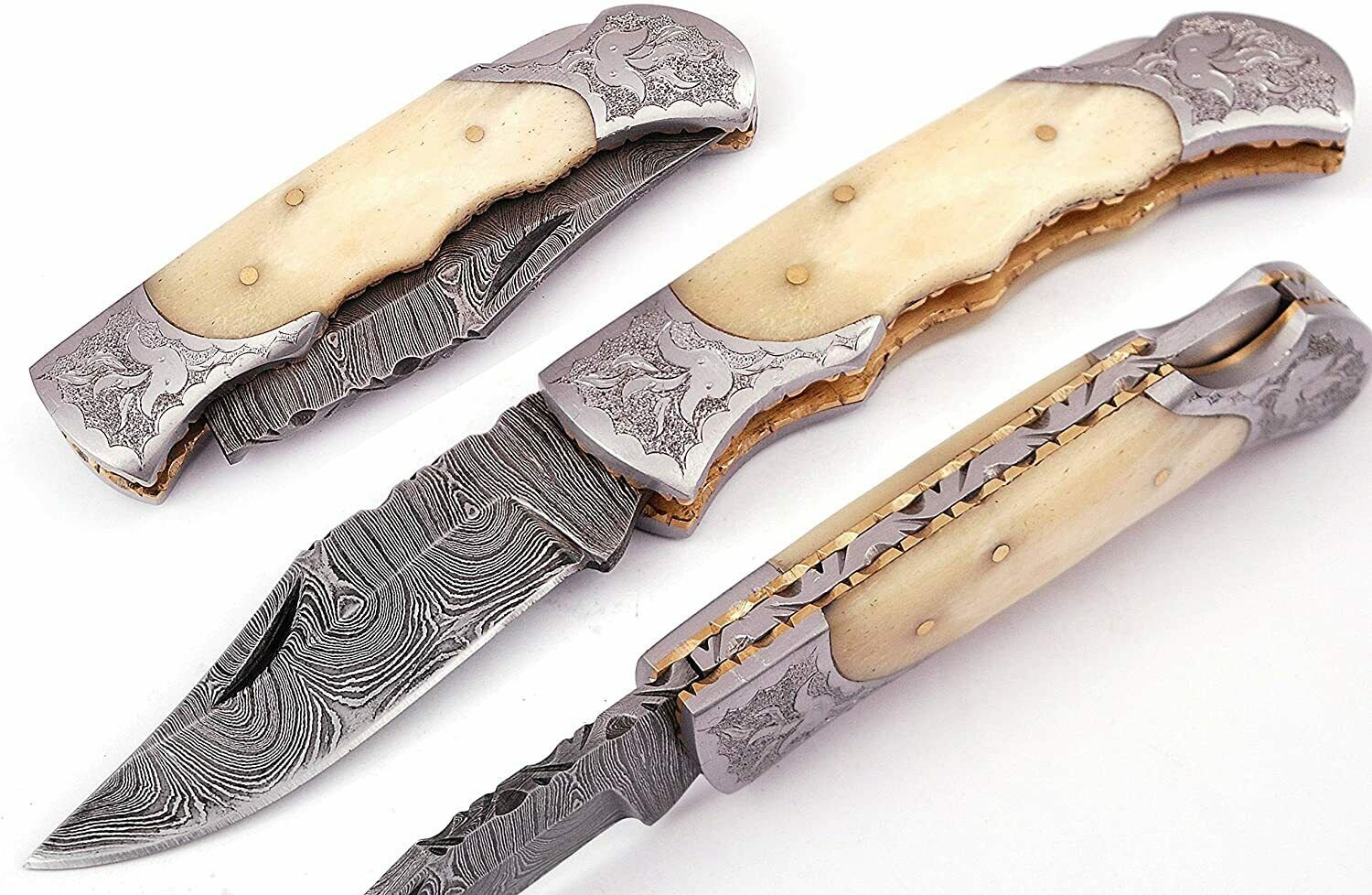 Damascus Steel Folding Pocket Personalized Knife STEEL BOLSTER ANGVE & CAMEL BONE