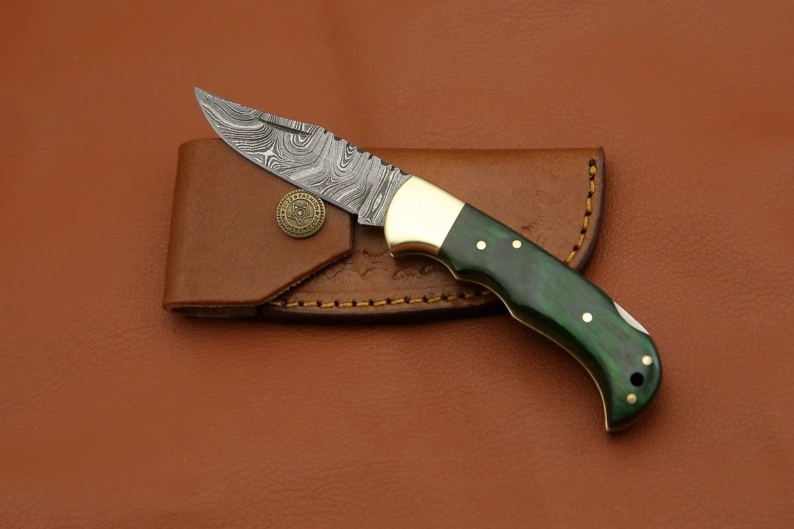 Damascus Steel Folding Pocket Personalized Knife Pukka Wood Handle + Leather Sheath