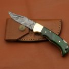 Damascus Steel Folding Pocket Personalized Knife Pukka Wood Handle + Leather Sheath