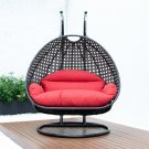 LeisureMod Outdoor Charcoal Wicker Hanging Double Egg Swing Chair in Red