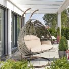 LeisureMod Outdoor Modern Wicker Hanging Double Egg Swing Chair in Beige