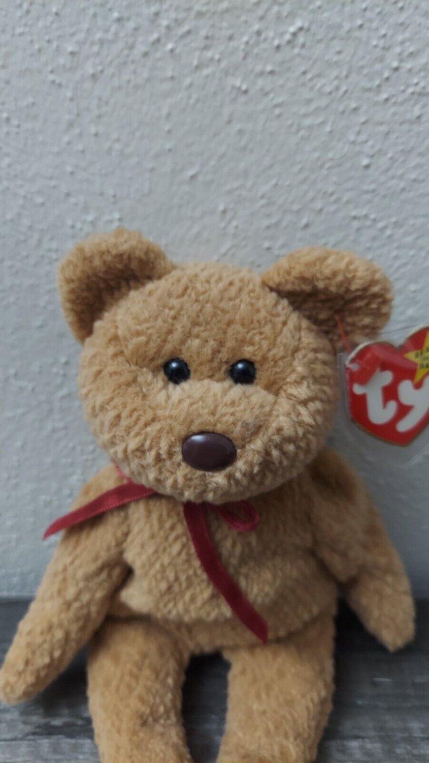 TY Beanie Baby Curly The Brown Bear 1996 with Tags & Tag Protector