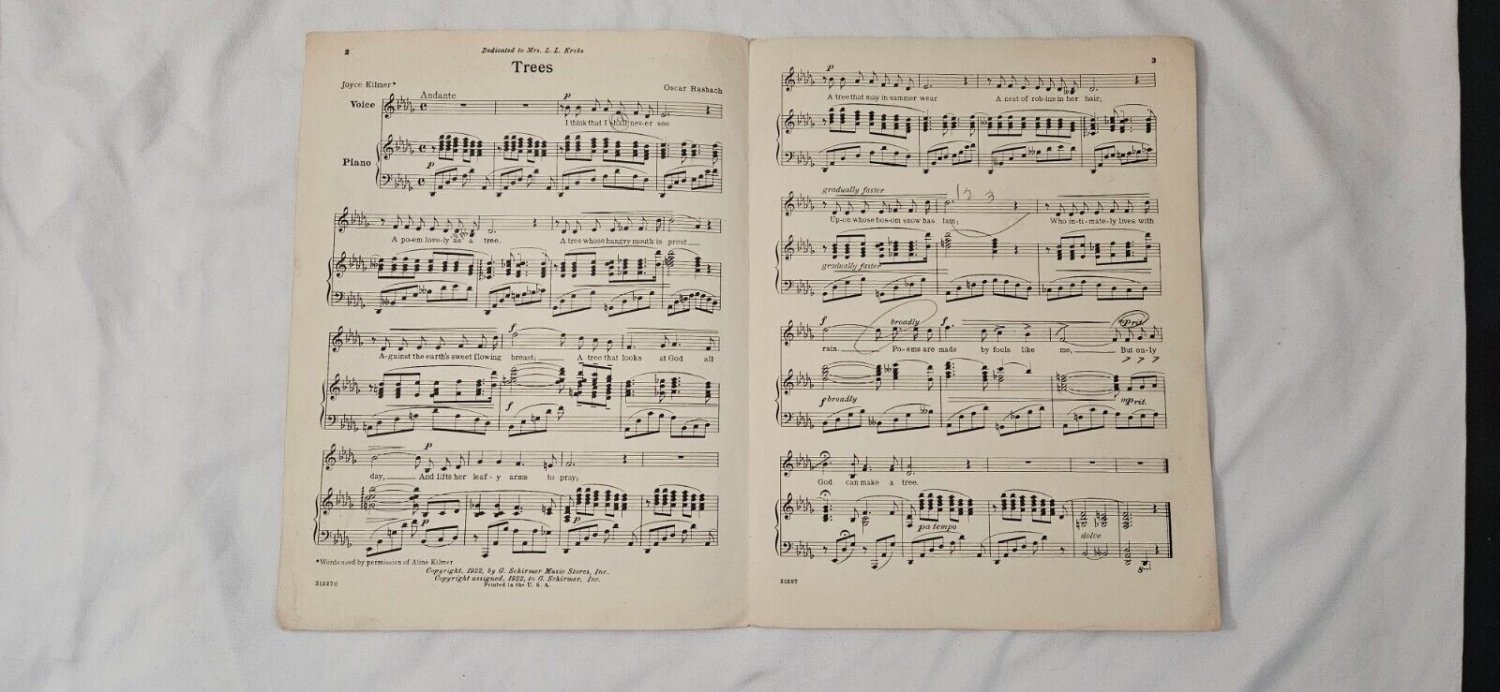 Trees Poem Joyce Kilmer Music Oscar Rasbach 1949 Organ Sheet Music G