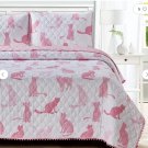 NEW! Cute Boho Kitty Cat Pom Pom Full/Queen Printed Quilt Set