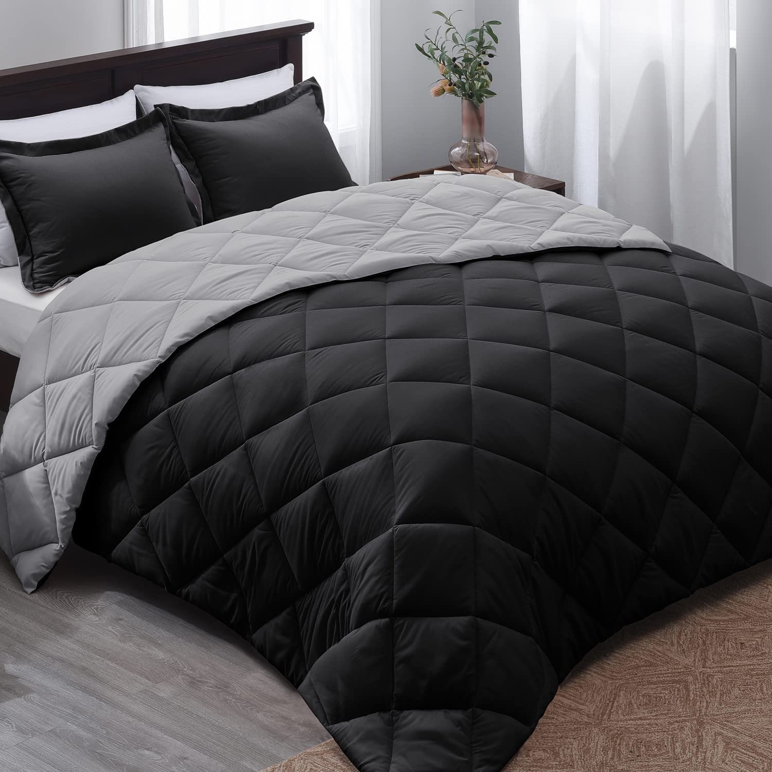 Basic Beyond Down Alternative Comfort Set Queen, Black/Grey with 2 Pillow Shams All Seaons
