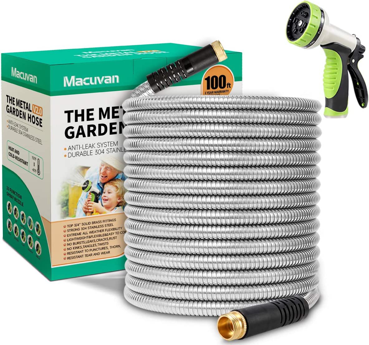 Macuvan Flexible Metal Garden Hose 100ft Heavy Duty, with 10 Way Spray Nozzle Strong 3/4 Fitting