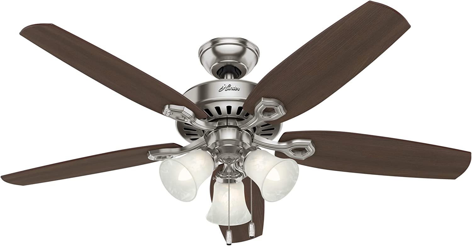 Hunter Indoor Ceiling Fan, with Pull Chain Control Builder Plus 52 Inch Brushed Nickel, 53237
